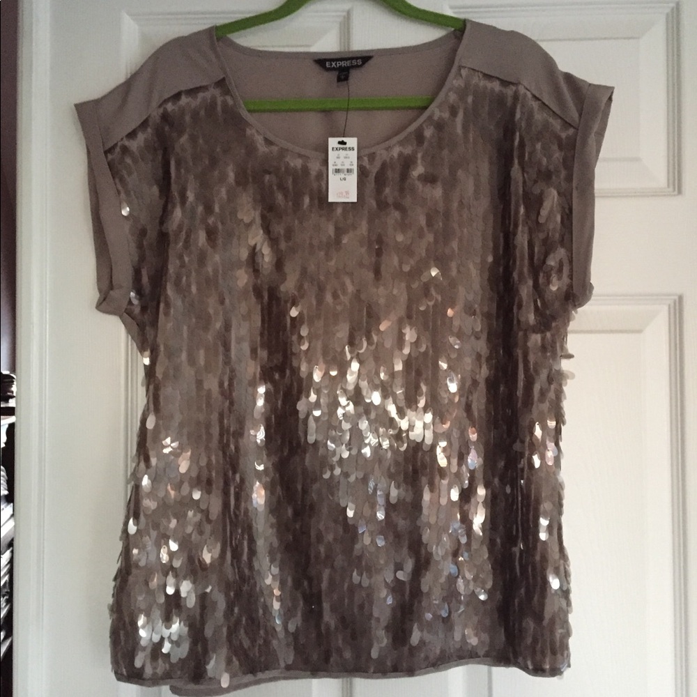 Express Taupe Sequin Short Sleeve Top